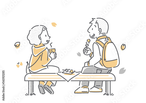 お茶を飲みながら桜を楽しむシニア夫婦 シンプルでお洒落な線画イラスト