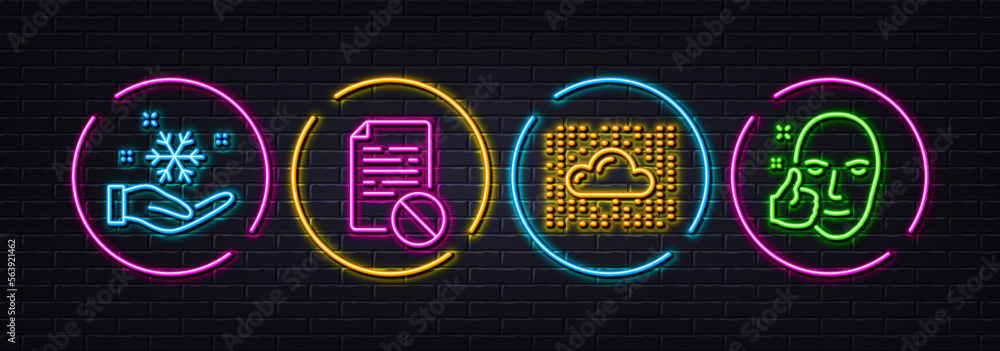 Freezing, Wrong file and Cloud system minimal line icons. Neon laser 3d lights. Healthy face icons. For web, application, printing. Air conditioner, Page paper, Data storage. Healthy cosmetics. Vector