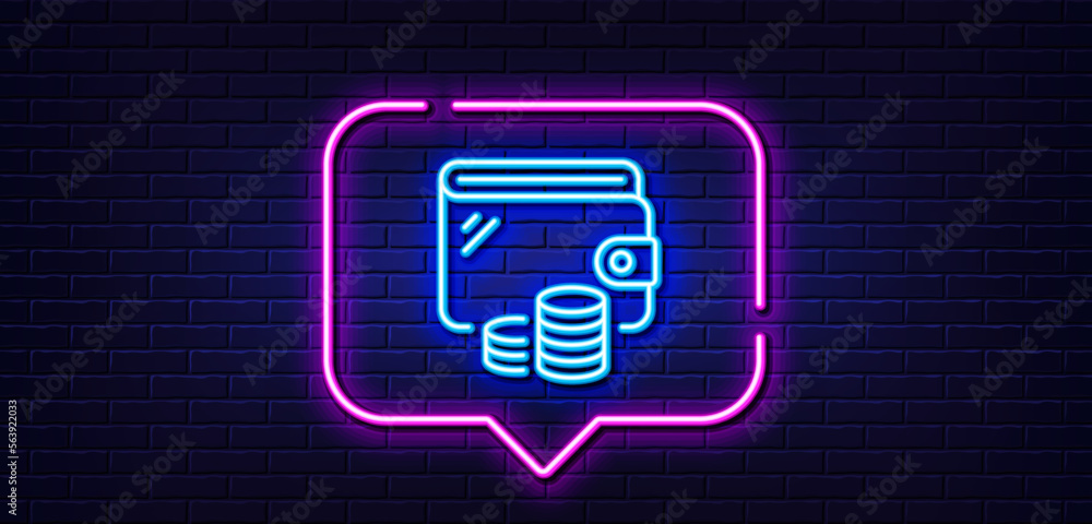Neon light speech bubble. Wallet line icon. Money purse sign. Cash budget symbol. Neon light background. Wallet glow line. Brick wall banner. Vector Neon light speech bubble. Wallet line icon. Money purse sign. Cash budget symbol. Neon light background. Wallet glow line. Brick wall banner. Vector