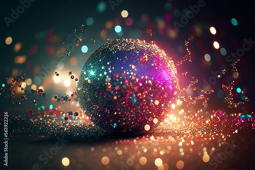 Colorful glitter christal ball  sphere with twinkled lights  confetti  blurred lights spirkles  bokeh. Cover for social networks  shopping mockup  holidays greating card. Generative Ai 