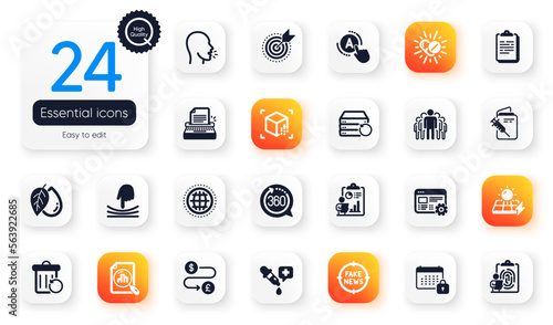 Set of Science flat icons. Group, Web settings and Recovery server elements for web application. Money transfer, Solar panels, Ab testing icons. Mineral oil, Calendar, Analytics graph elements. Vector