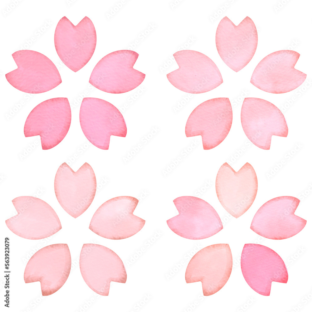 シンプルな桜の花。水彩風イラストセット。