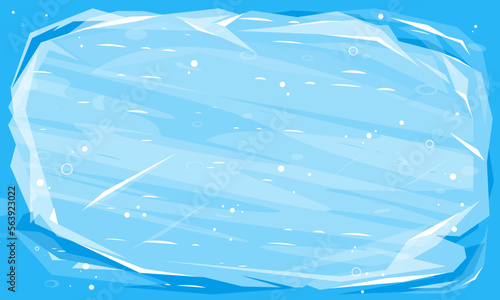 Flat ice block with place for text, ice surface texture background illustration ion top view, ice texture with cracks and small bubbles, blue cold winter ice background