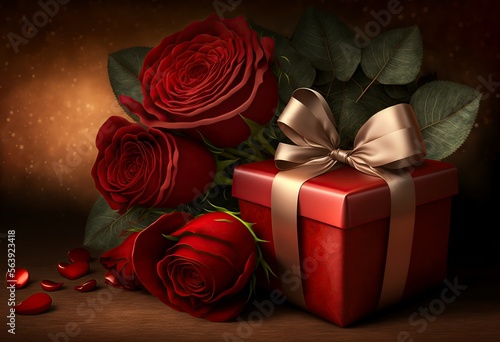 illustration  gift box and roses on Valentine s Day  image generated by AI