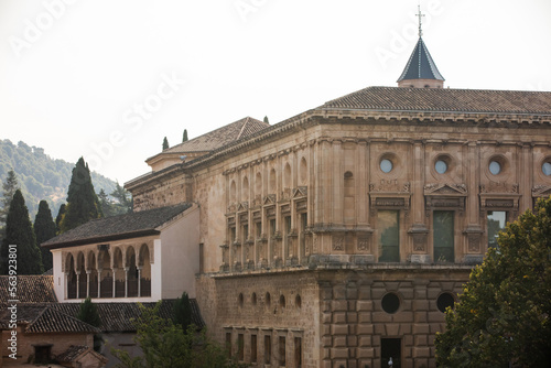 Architectural details of the Alhambra fortified palace complex and Granada city