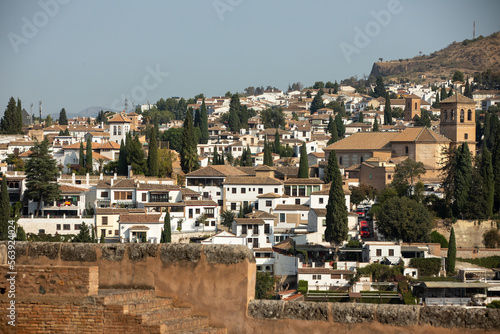 Architectural details of the Alhambra fortified palace complex and Granada city