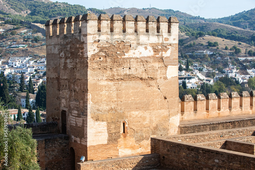 Architectural details of the Alhambra fortified palace complex and Granada city