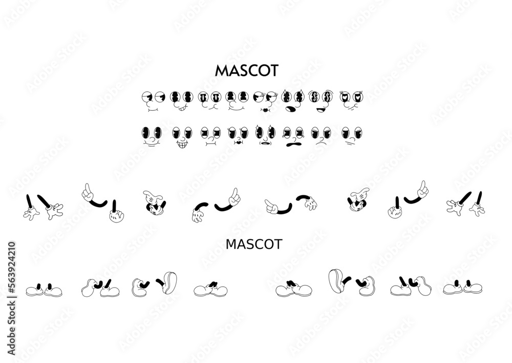 Vintage 50s cartoon and comic different facial expressions. feet in