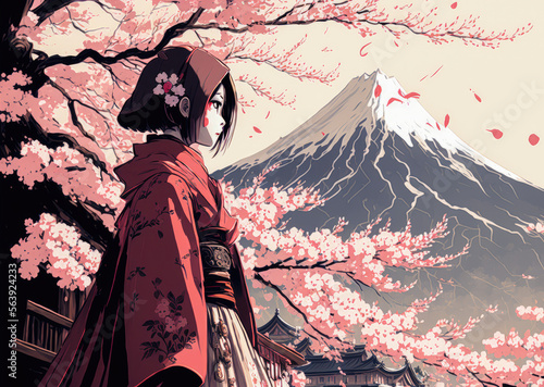 Woman in kimono Mount Fuji temple Sakura -illustration - Generative AI photo