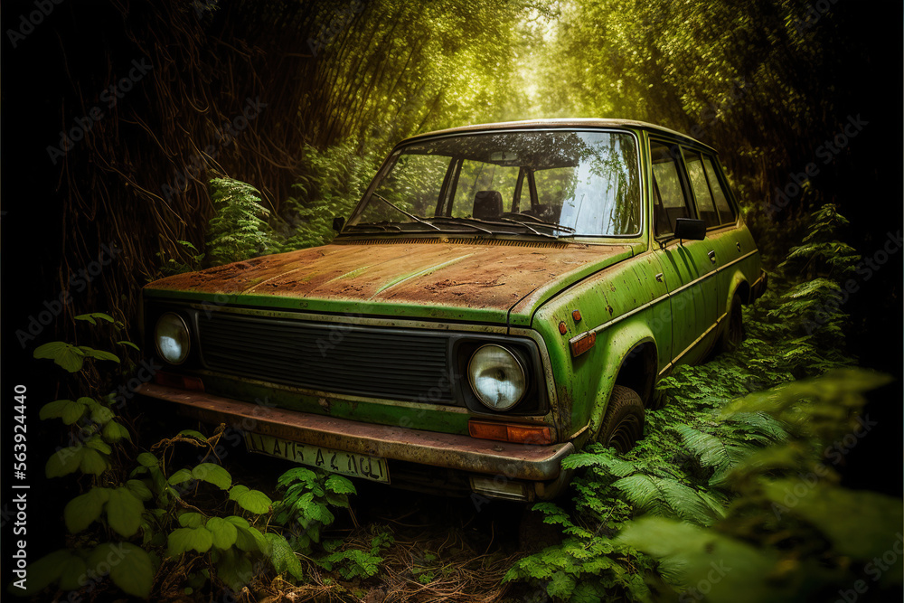 Wracked old rusty Russian car overgrown with foliage in jungle forest illustration generative ai Wracked old rusty Russian car overgrown with foliage in jungle forest illustration generative ai