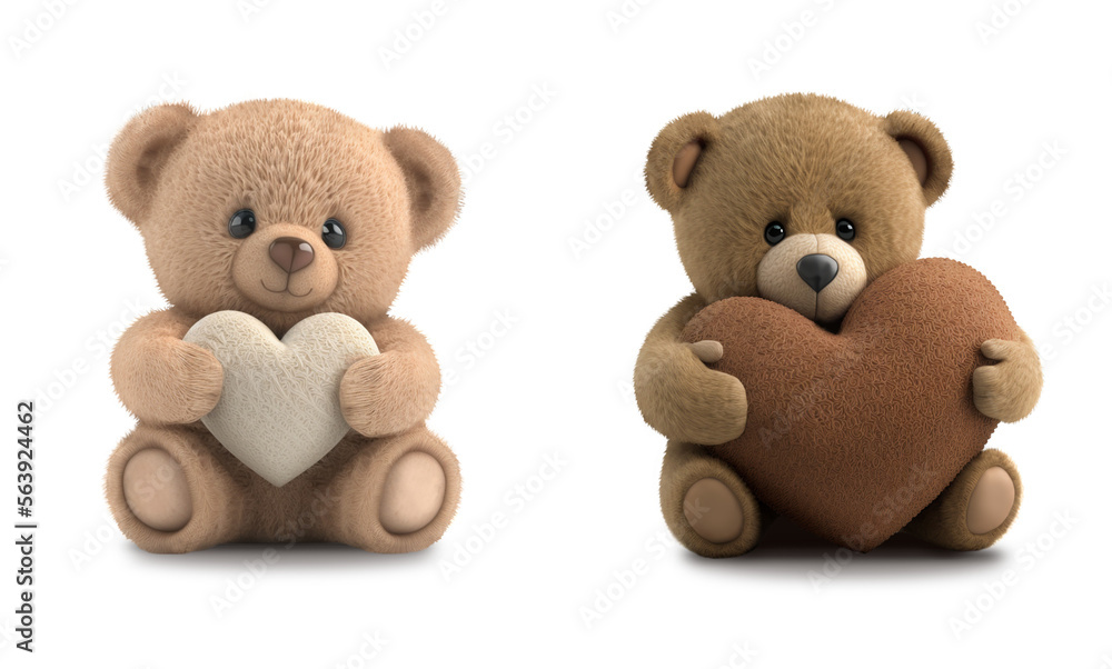 Cute two teddy bears holding a heart, on white background. PNG file ...