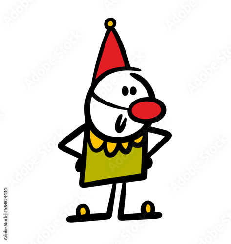 Funny doodle character in a circus clown costume with a red nose and a hat is waiting for the performance.