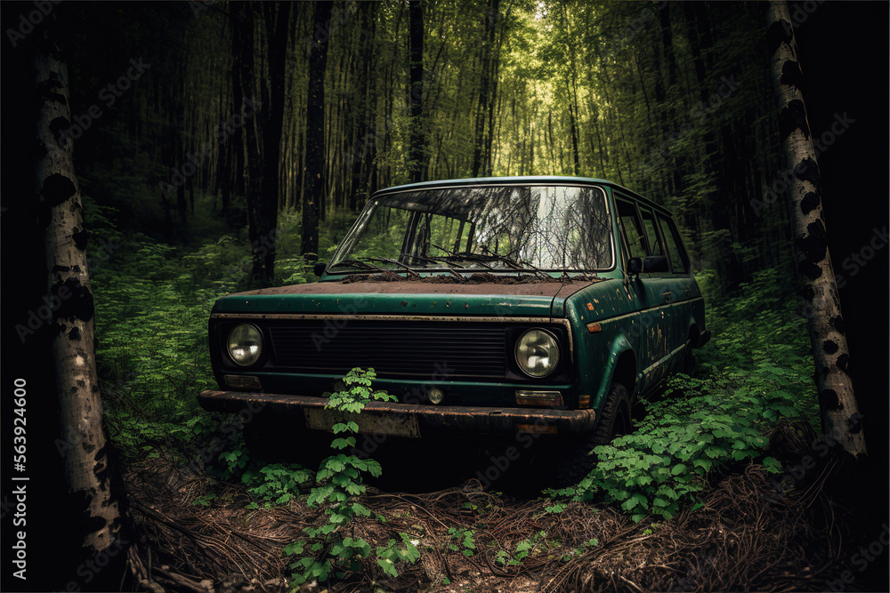 Wracked old rusty Russian car overgrown with foliage in jungle forest illustration generative ai Wracked old rusty Russian car overgrown with foliage in jungle forest illustration generative ai