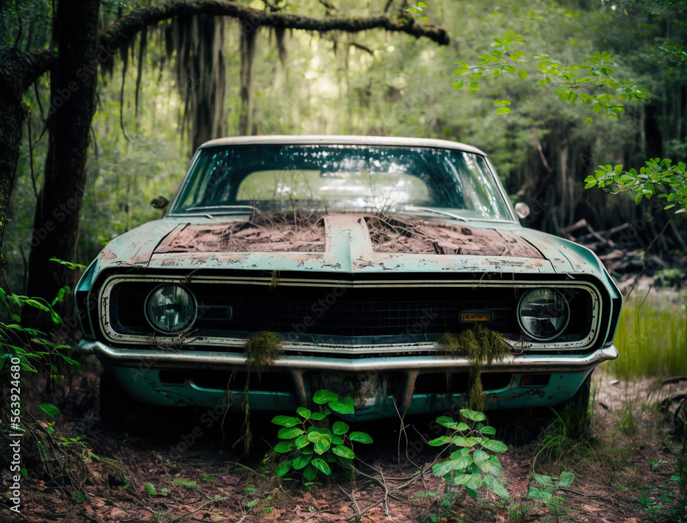Wracked old rusty sportscar overgrown with foliage in jungle forest illustration generative ai