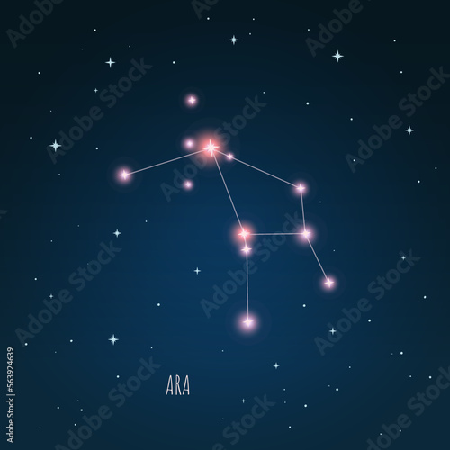 Constellation Ara scheme in starry sky. Open space. Vector illustration of constellation through a telescope