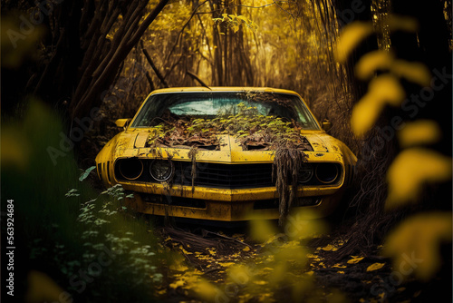 Wracked old rusty sportscar overgrown with foliage in jungle forest illustration generative ai