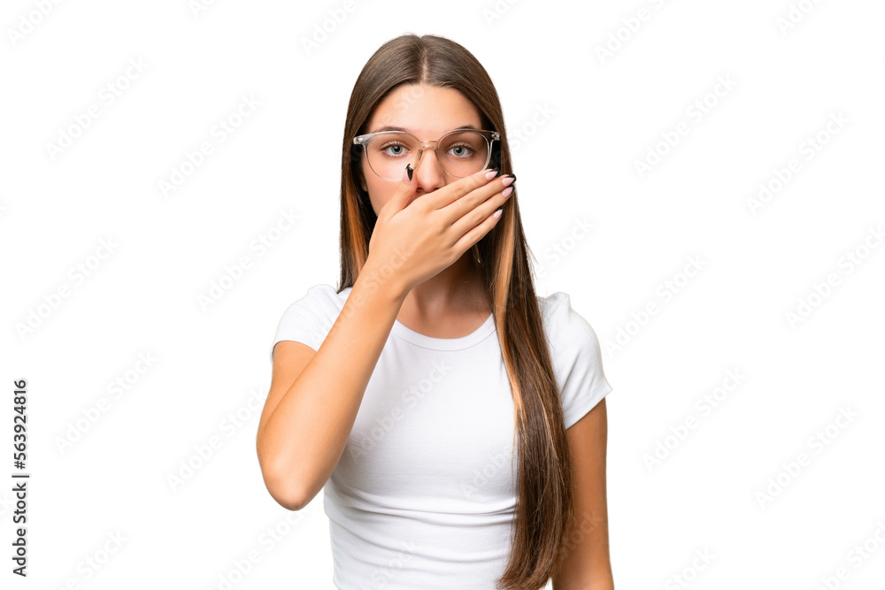 Teenager caucasian girl over isolated background covering mouth with hand Teenager caucasian girl over isolated background covering mouth with hand