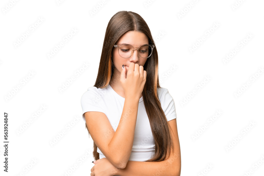 Teenager caucasian girl over isolated background having doubts Teenager caucasian girl over isolated background having doubts
