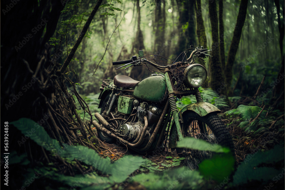 Wracked old rusty Motorcycle bike overgrown with foliage in jungle forest illustration generative ai