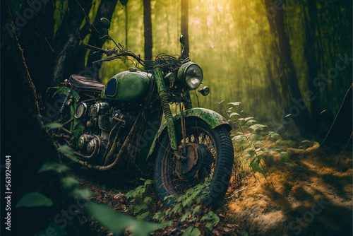 Wracked old rusty Motorcycle bike overgrown with foliage in jungle forest illustration generative ai