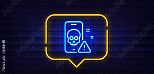 Neon light speech bubble. Cyber attack line icon. Ransomware threat sign. Phone hacking symbol. Neon light background. Cyber attack glow line. Brick wall banner. Vector