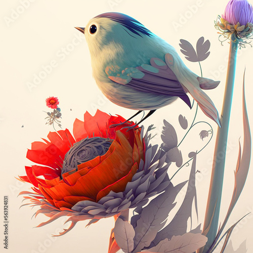 a small song bird with flower. Spring concept. Art created with Generative AI technology 