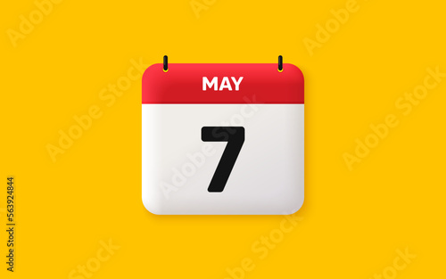 Calendar date 3d icon. 7th day of the month icon. Event schedule date. Meeting appointment time. Agenda plan, May month schedule 3d calendar and Time planner. 7th day day reminder. Vector