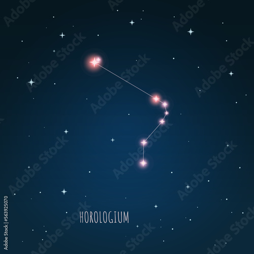 Constellation Horologium scheme in starry sky. Open space. Vector illustration, constellation  through a telescope