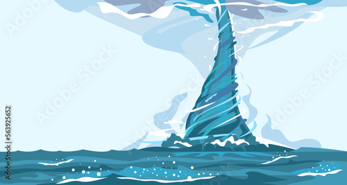 Tornado with spiral twists on water, the power of nature sea storm hurricane, nature force background illustration, storm weather forming over rough sea