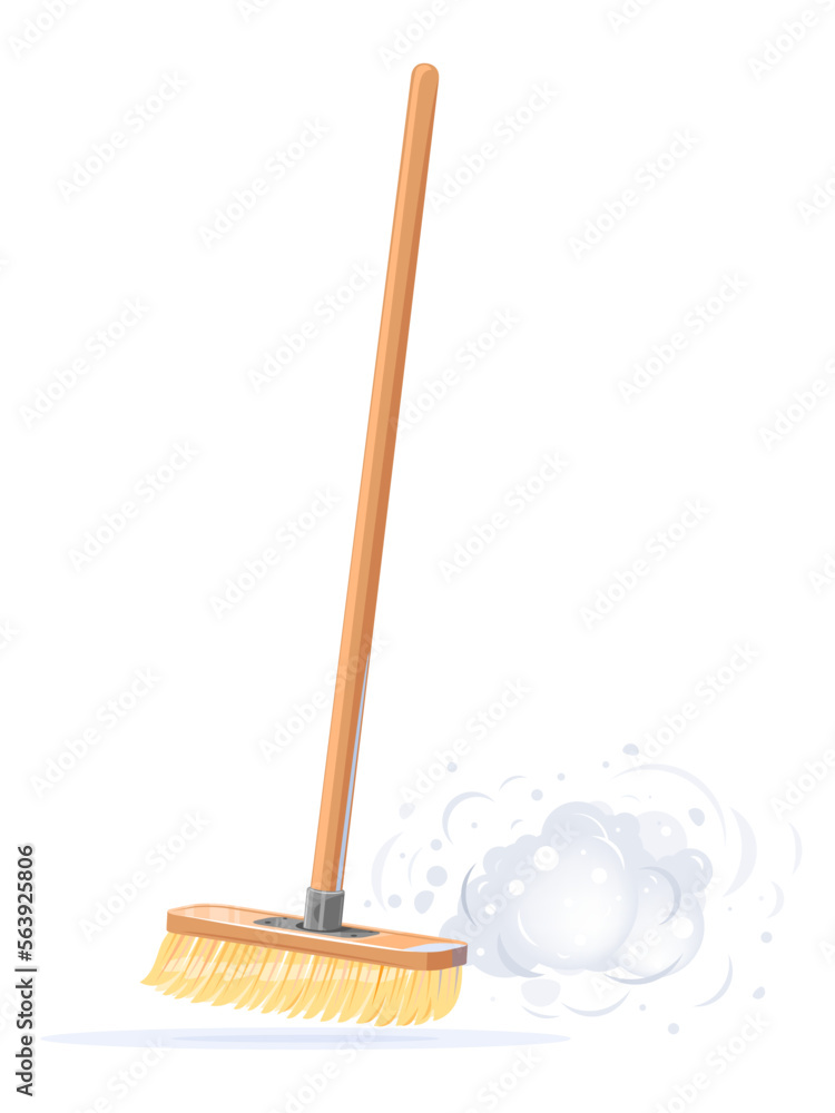 One floor brush sweep floor with long wooden handle and clouds of dust isolated, quality illustration of household implement from dust and dirt One floor brush sweep floor with long wooden handle and clouds of dust isolated, quality illustration of household implement from dust and dirt