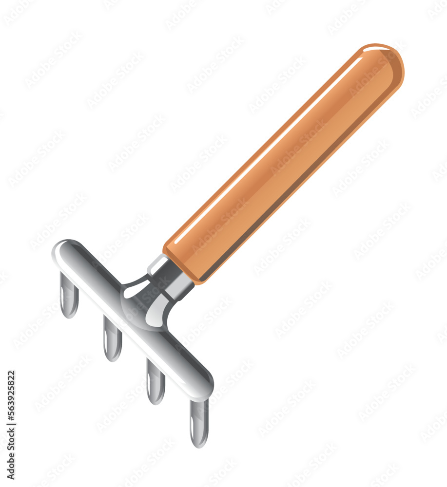 One small metal hand rake with wooden handle and four teeth isolated illustration, gardening tool equipment, spring work with garden hand rake in perspective view One small metal hand rake with wooden handle and four teeth isolated illustration, gardening tool equipment, spring work with garden hand rake in perspective view