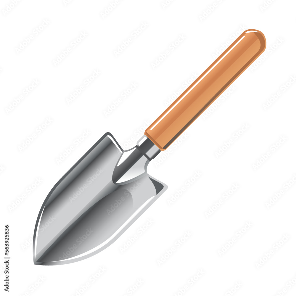 One small metal hand shovel with wooden handle isolated illustration, gardening tool equipment, spring work with hand shovel One small metal hand shovel with wooden handle isolated illustration, gardening tool equipment, spring work with hand shovel