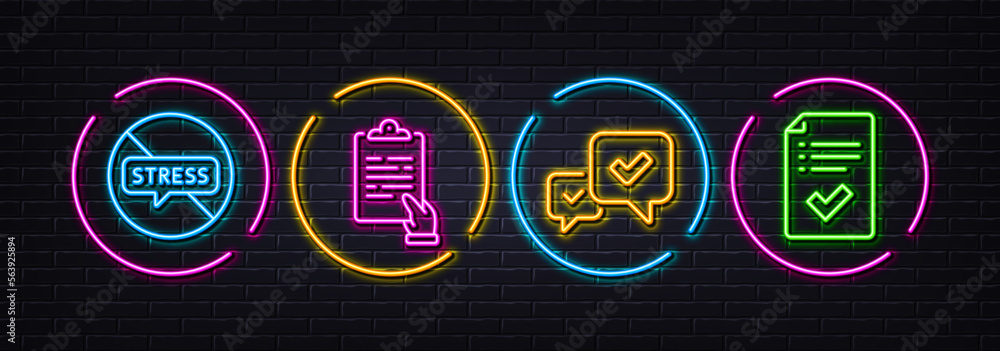 Stop stress, Clipboard and Approve minimal line icons. Neon laser 3d lights. Approved checklist icons. For web, application, printing. Mental anxiety, Survey document, Accepted message. Vector