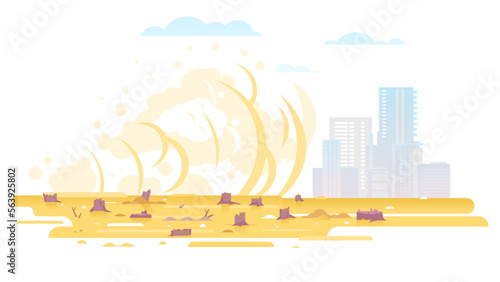 Dust storm from deforestation place goes to city, nature disaster concept illustration in flat style isolated, cutting down trees, environmental pollution and ecological problems
