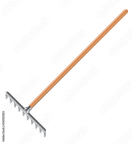 One metal garden rake with long wooden handle and many teeth isolated illustration, gardening tool equipment, spring work with garden rake tool in perspective view