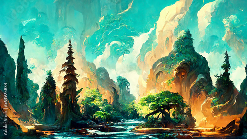 forest Mayan style tree river illustration art Generative AI Content by Midjourney