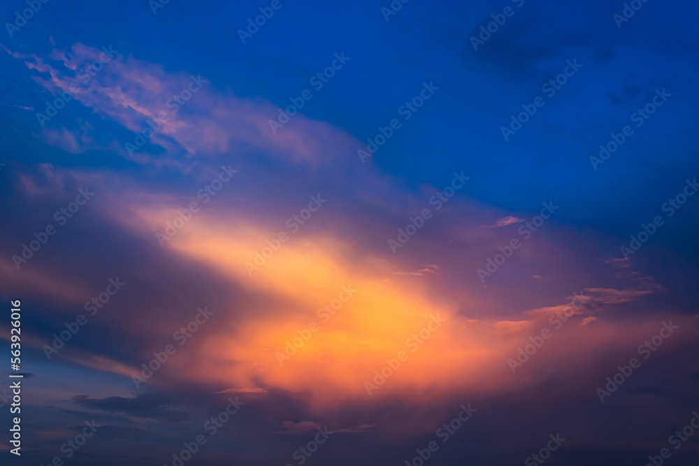 Dramatic Colorful cloudy sky sunset with twilight color sky and clouds. Gradient color. Sky texture abstract nature background.