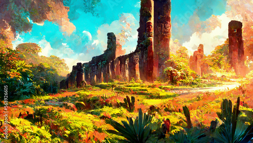 Mayan ancient cultural ruins in the forest illustration art Generative AI Content by Midjourney