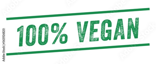 100% Vegan Green Watermark Stamp isolated on white background. Text caption between parallel lines with grunge design style.