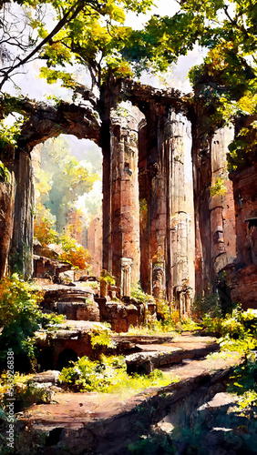 Ancient ruins of ancient city or empire history in forest illustration art Generative AI Content by Midjourney