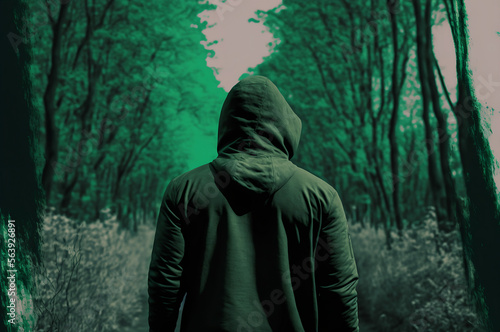 Person in the woods - Stoic man walking with his hoodie, Illustration, peace