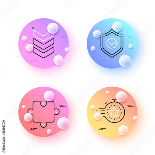 Shoulder strap, Puzzle and Timer minimal line icons. 3d spheres or balls buttons. Approved shield icons. For web, application, printing. Army rank, Puzzle piece, Deadline management. Vector