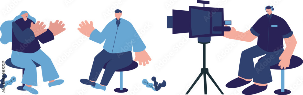 a reporter wearing a blue shirt is sitting interviewing a man accompanied by his videographer standing recording the interview
a reporter wearing a blue shirt is sitting interviewing a man accompanied by his videographer standing recording the interview