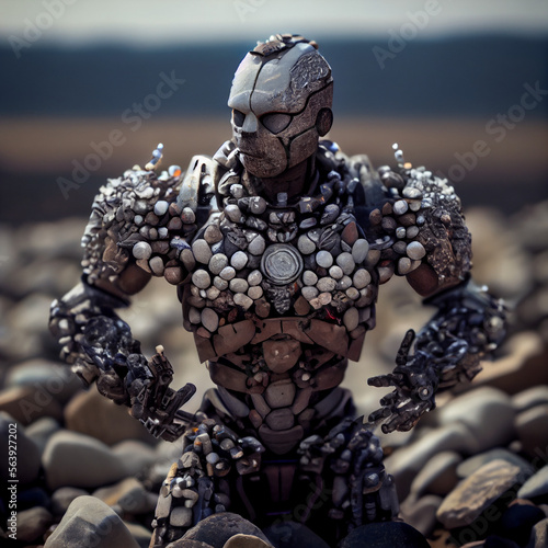 Warforged robot made of pebbles with a complicated face, natural background photo