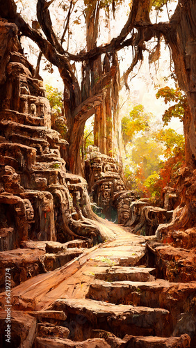 forest Mayan style adventures bridge illustration art Generative AI Content by Midjourney