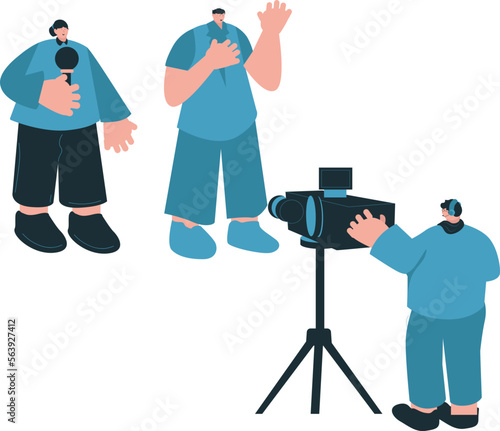 a reporter accompanied by his videographer was standing interviewing a man wearing all blue clothes

