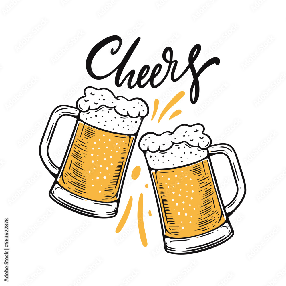 Cheers lettering phrase and two beer glasses hand drawn colorful cartoon style. - obrazy, fototapety, plakaty 