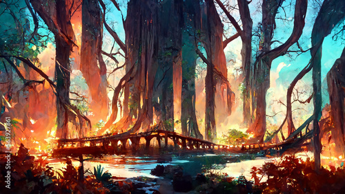 forest Mayan style adventures bridge illustration art Generative AI Content by Midjourney