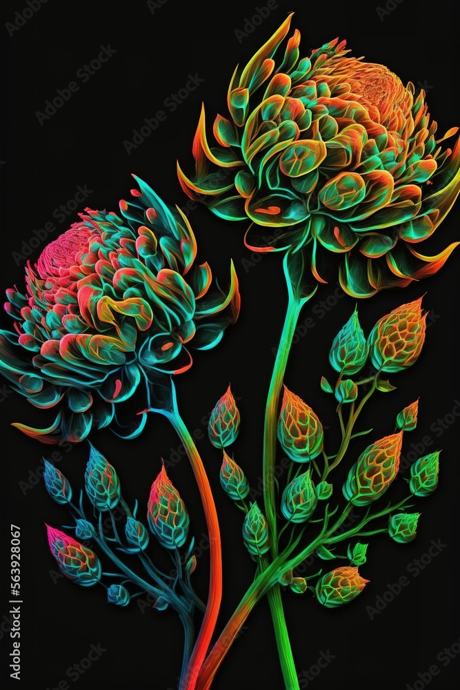 Flower glowing with bright neon light against black background ,made with Generative AI