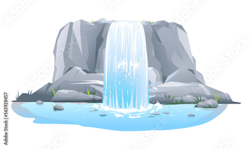 River waterfall falls from cliff in front view isolated illustration, picturesque tourist attraction with small waterfall and clear water, waterfall on steep rocky stream
